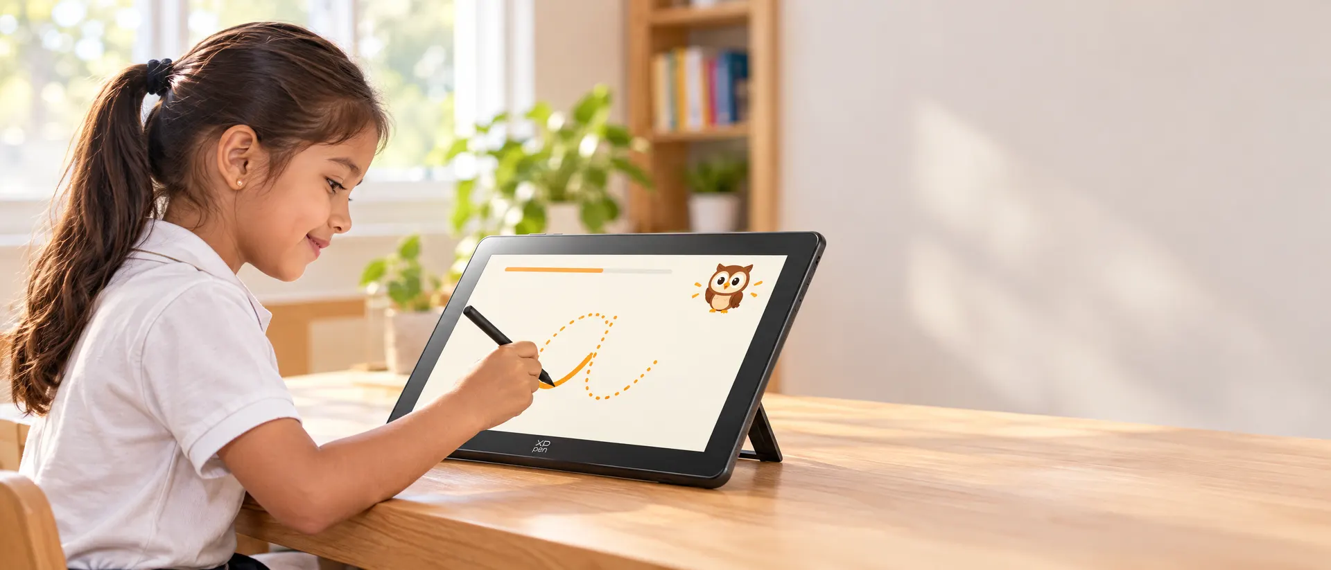 Una niña traza la letra a con el lápiz sobre una tableta XPPEN Artist Pro 19, guiada por MENTO